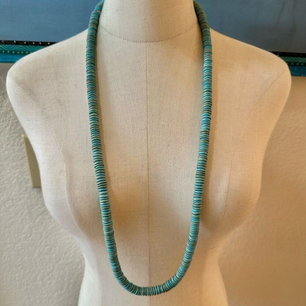 Teal wood vintage beaded long necklace - Picture 2 of 5